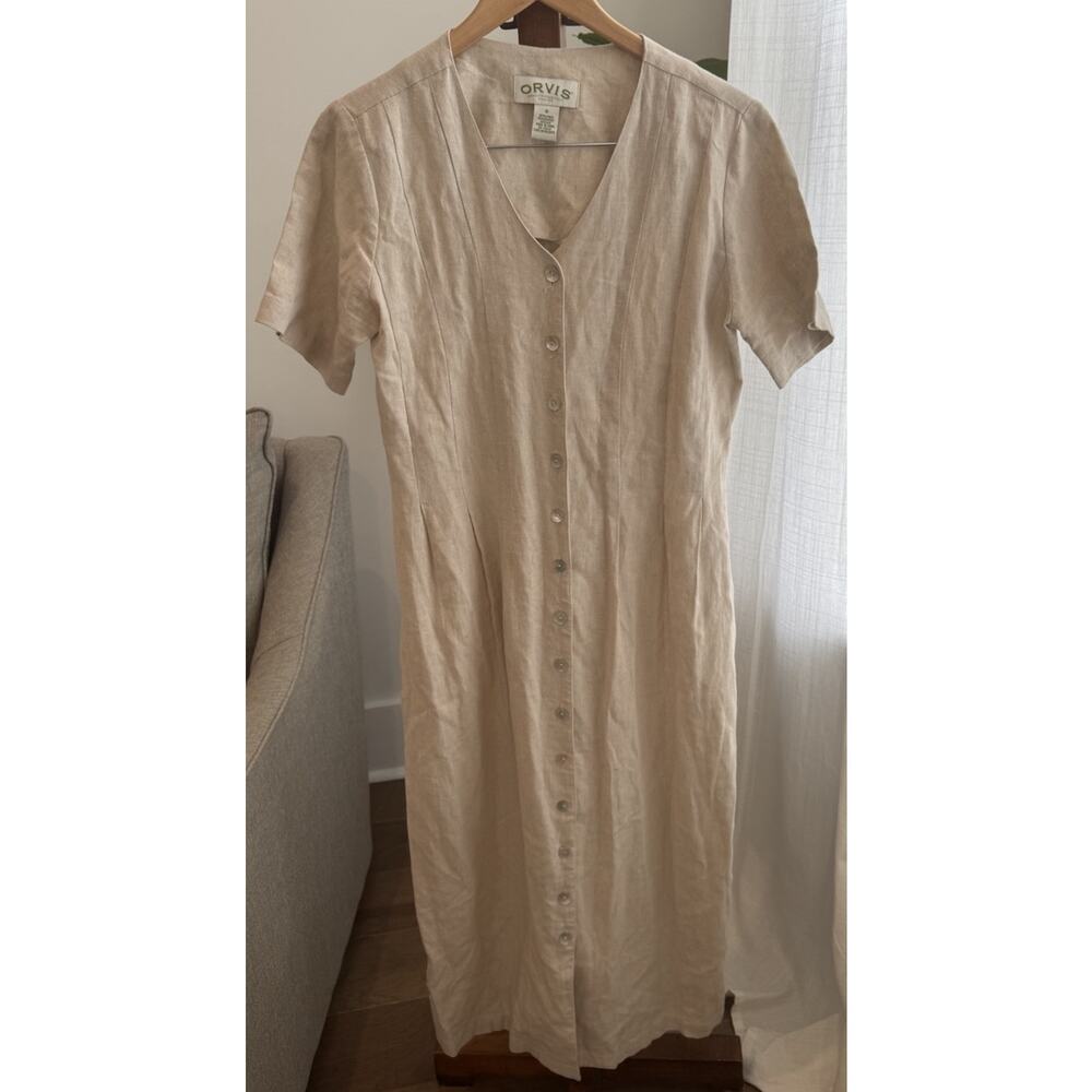 Orvis Dress Womens Large Tan Beige Linen Blend Button Front